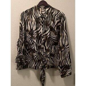 Chico's Roll Tab Sleeve Animal Print Tie Waist Button Up Collar Shirt Blouse L